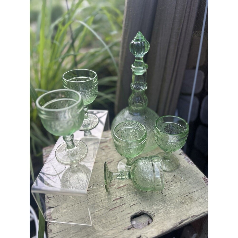 Vintage 1970s Indiana Tiara Wine Decanter 7pc Set Chantilly Green Sandwich Glass